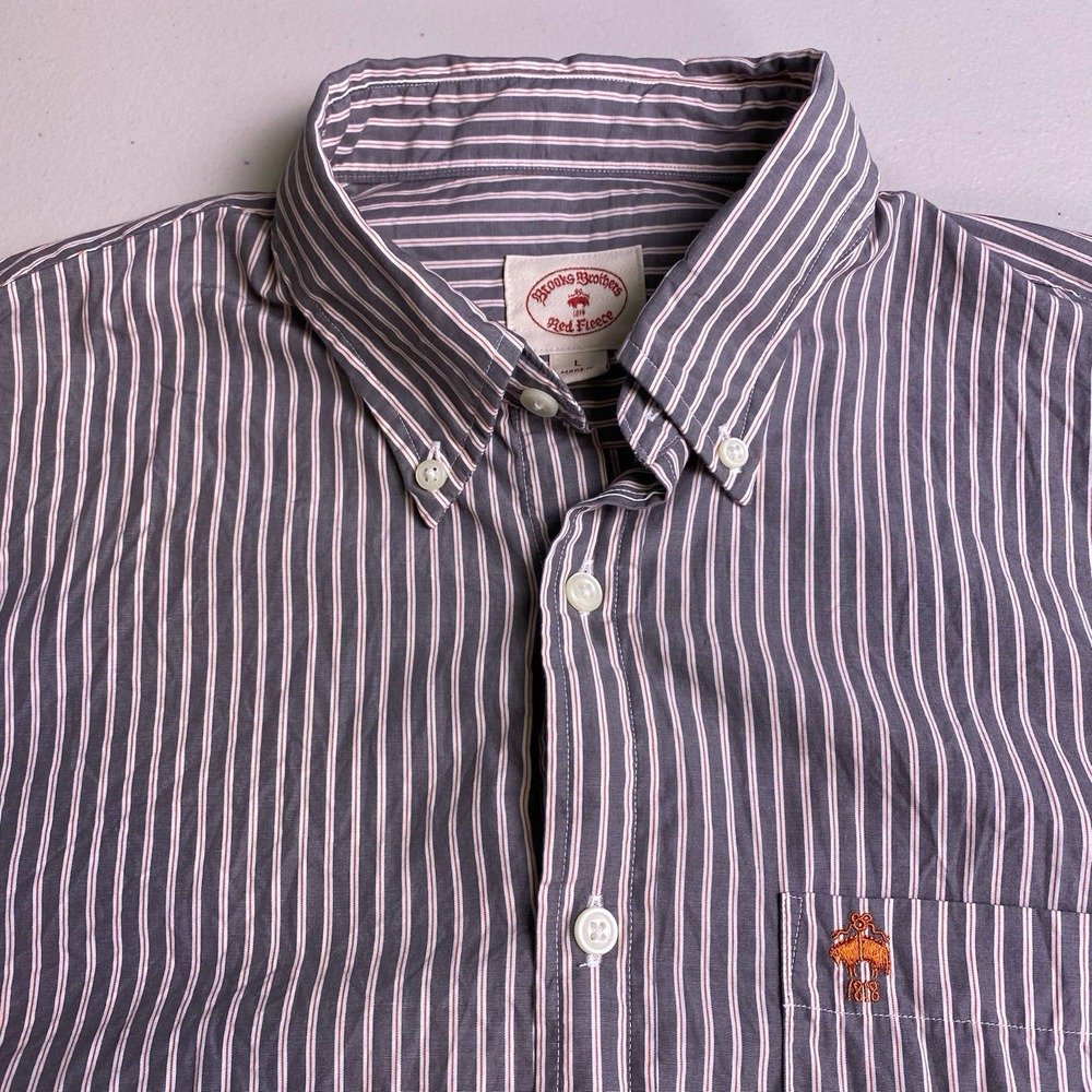 Brooks Brothers Red Fleece Shirt L Mens L/S Button Down Red Gray Striped VGUC